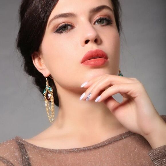 Red Green Crystal Floral Leaf Chain Gold Hook Dangle Statement Earrings - Picture 3 of 10